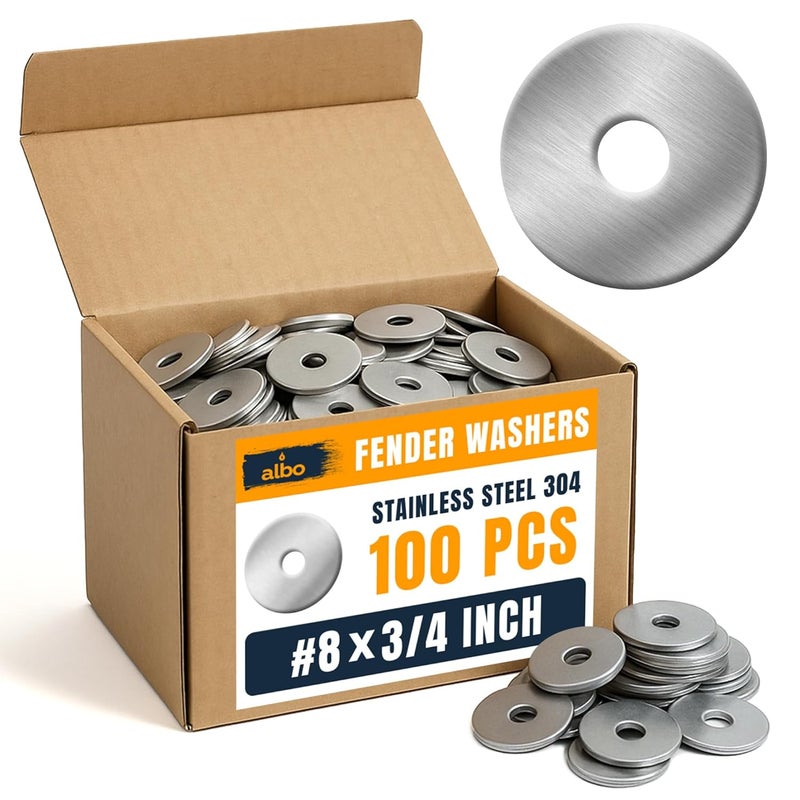 ALBO 100 Pcs Stainless Steel Fender Washers #8 x 3/4 Inch Flat Washers for Screws and Bolts, 304 Stainless Steel, Heavy Duty Washer Set for Industrial and DIY Use - Image 1